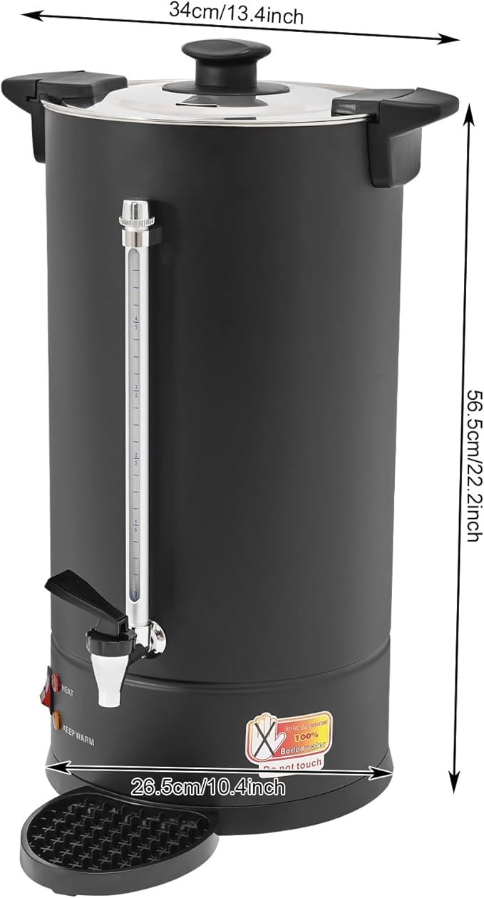 Commercial Electric Coffee Pot 1500W Stainless Steel Coffee Maker Hot Water Dispenser with Drip Tray for Cafes Offices Gatherings, No Temp Control (Black, 25L)