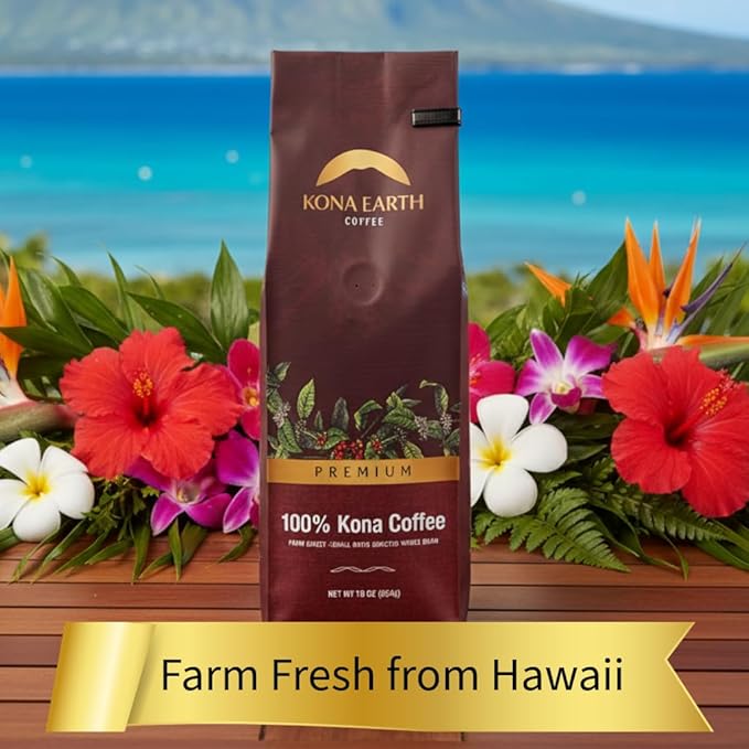 KONA EARTH 100% Kona Premium Coffee, Medium Roast, Whole Bean, 1 lb (16oz) Farm-Direct Authentic Hawaiian Kona Coffee beans from Hawaii’s Big Island, Micro-Batch-Roasted
