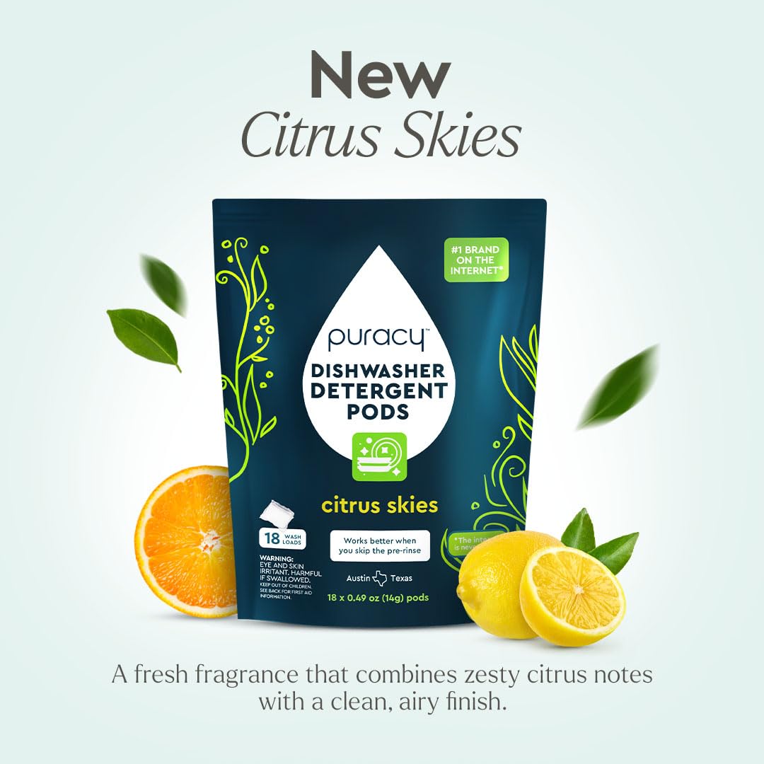 Puracy Dishwasher Pods, Natural Dishwasher Detergent, Free & Clear Dish tabs - Enzyme-Powered, Spot & Residue Free - TikTok Trend Items, Must Haves from TikTok Made Me Buy It (Citrus Skies, 18 Count)