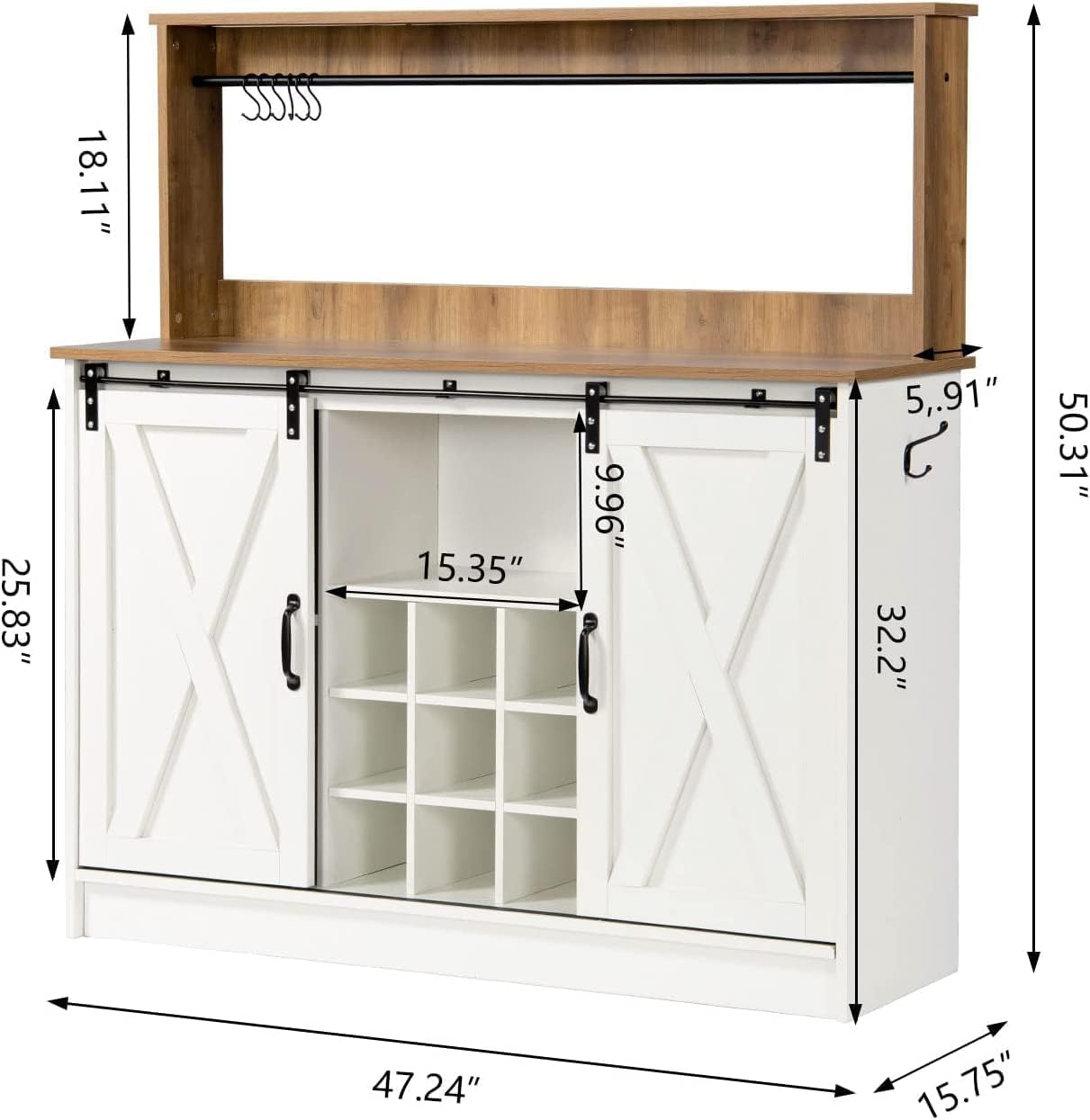 4ever2buy Farmhouse Coffee Bar Cabinet with Hutch, 47 Inch Buffet Cabinet with Storage, White Wine Bar with 9 Wine Racks and 6 Hooks, Coffee Bar Table with Adjustable Shelves for Living Dining Room