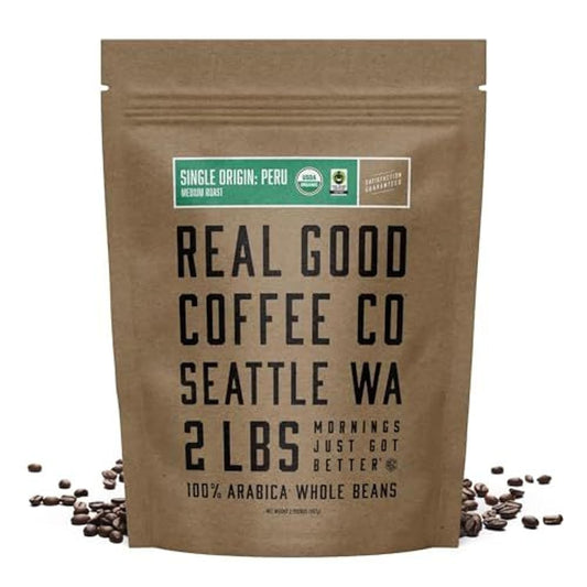 Real Good Coffee Company - Whole Bean Coffee - Organic Single Origin: Peru Medium Roast Coffee Beans - 2 Pound Bag - 100% Whole Arabica Beans - Grind at Home, Brew How You Like