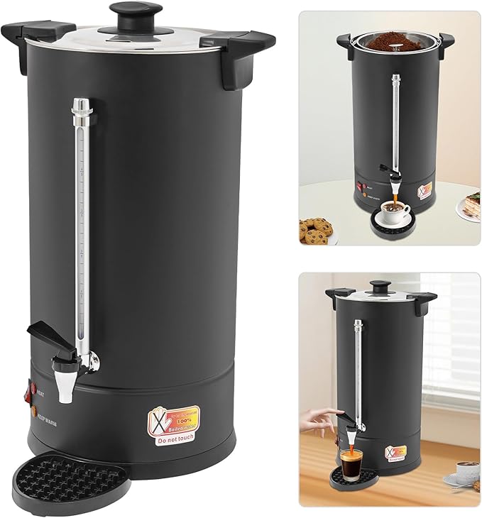 Commercial Electric Coffee Pot 1500W Stainless Steel Coffee Maker Hot Water Dispenser with Drip Tray for Cafes Offices Gatherings, No Temp Control (Black, 25L)