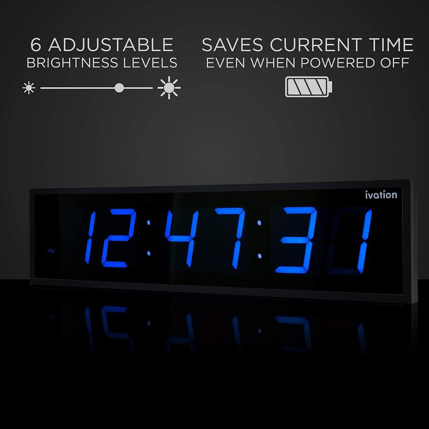 Ivation Oversized 24" Large Digital LED Clock | Big Digital Clock w/Multi-Function Display – Stopwatch, Timer, Alarms, Temp & Date | 6 Brightness Levels, Time Memory & Remote (Blue)