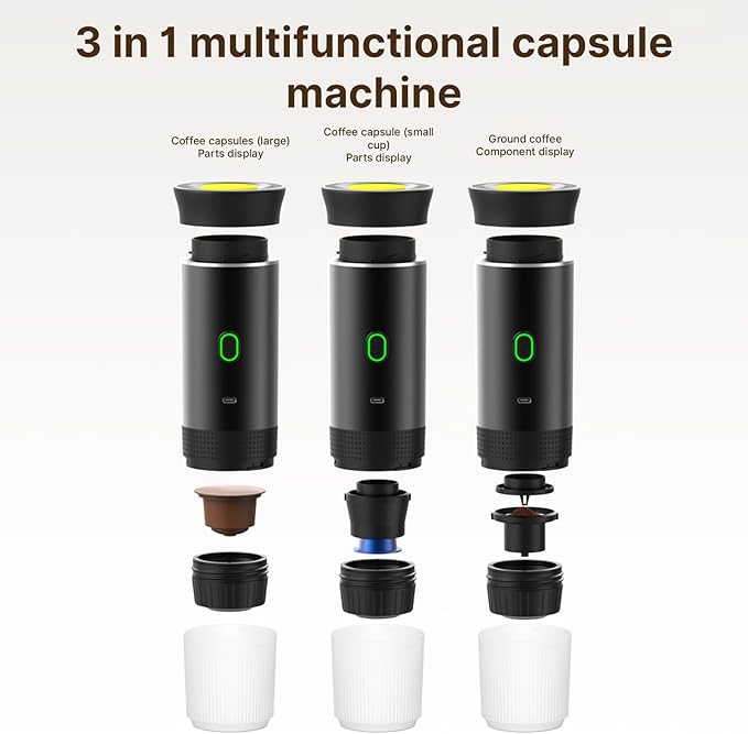 Irishom Portable Coffee Machine, 3 in 1 Cordless Electric Coffee Maker, Work with Capsule and Ground Coffee, Cold Brew and Heating Coffee Maker with 150ml Cup
