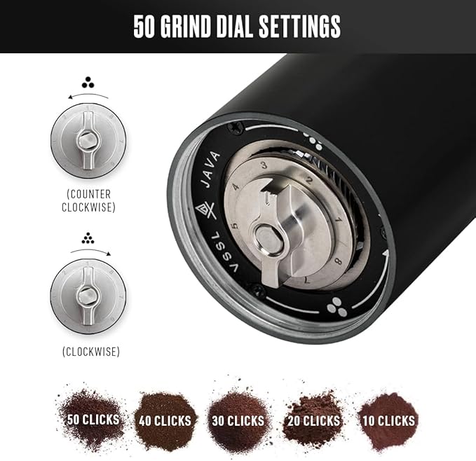 VSSL Java Manual Coffee Grinder, 20 Gram Capacity, Stainless Steel Burr, 50 Settings, Black