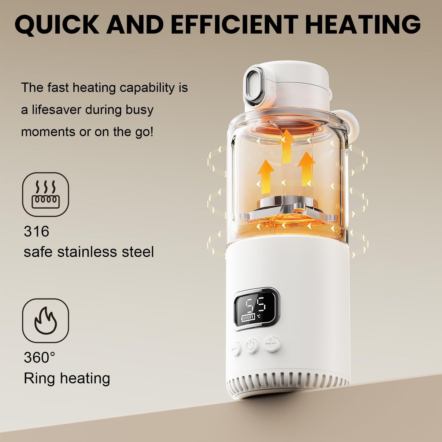 Dollox Portable Bottle Warmer for Travel 12oz Large Capacity Baby Portable Water Warmer for Formula, Breastmilk, Milk, 10000mAh, Wireless, Fast Heating Suitable for Baby Outdoor Travel, Car, Airplane