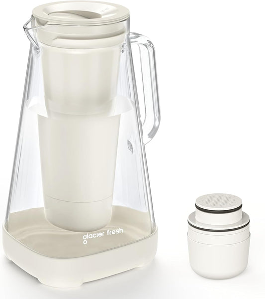 GLACIER FRESH Glass 10 Cup Water Pitcher with 1 Filter of 3X Flow Rate, 5-Stage Filtration Reduces 99% Chlorine and Improve Taste, Eco-Friendly, Bpa Free, White