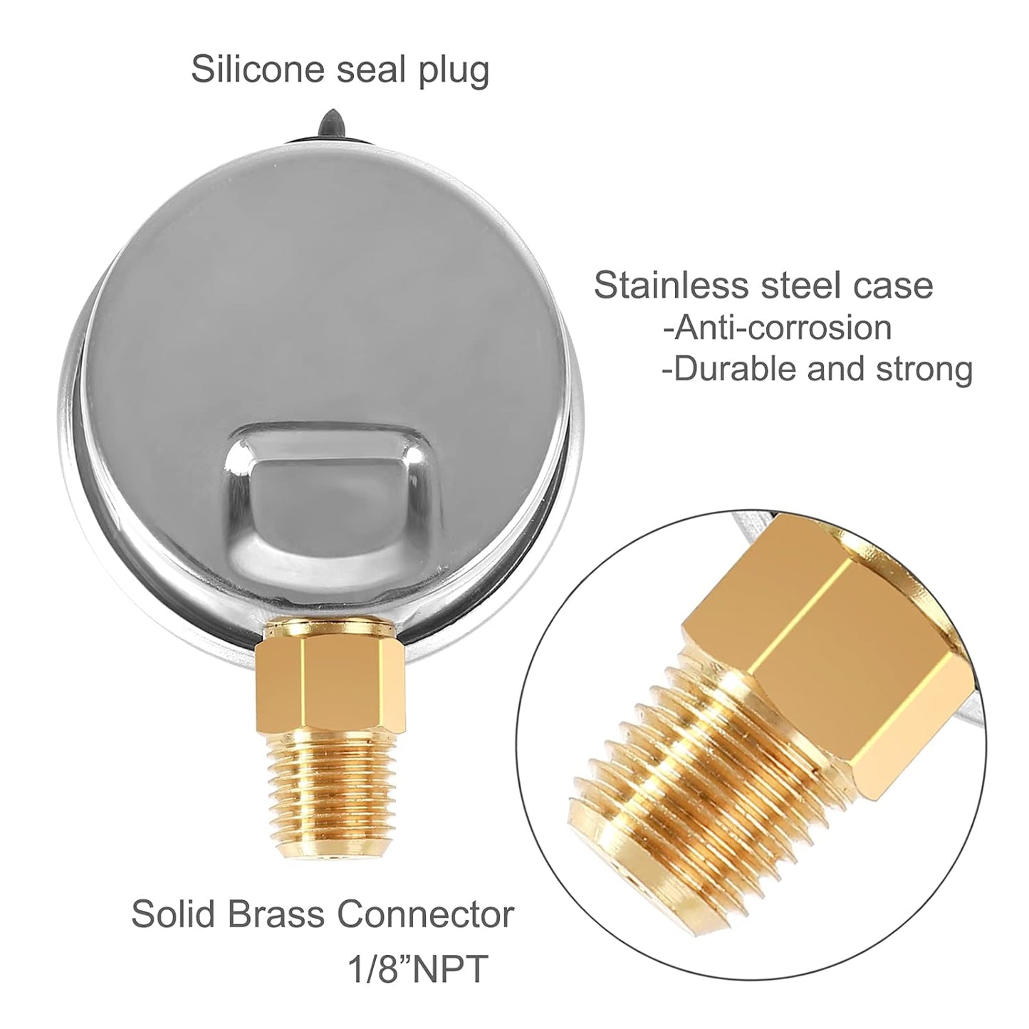 Glycerin Filled Pressure Gauge with 304 Stainless Steel Case, 1-1/2" Dial Size, 0-60Psi, High Accuracy, 1/8" NPT Center Lower Mount