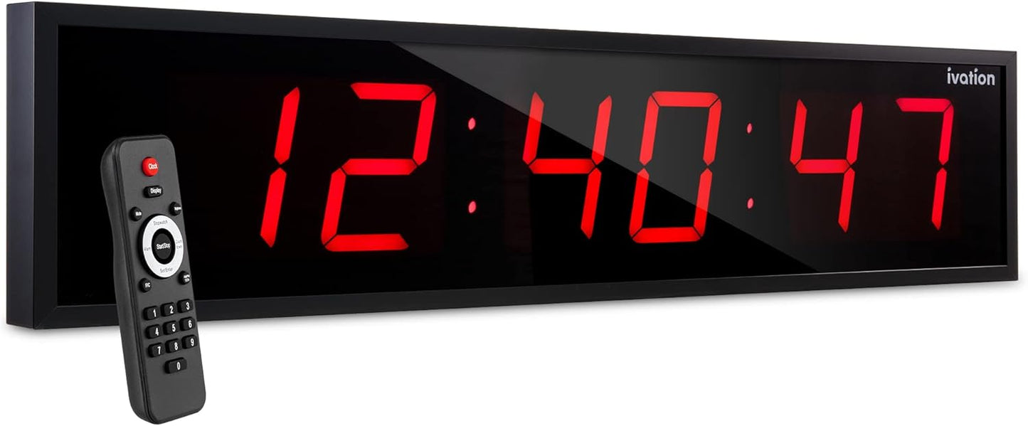 Ivation Huge Oversized 60" Large Digital LED Clock | Big Digital Clock w/Multi-Function Display – Stopwatch, Timer, Alarms, Temp & Date | 6 Brightness Levels, Time Memory & Remote (Red)