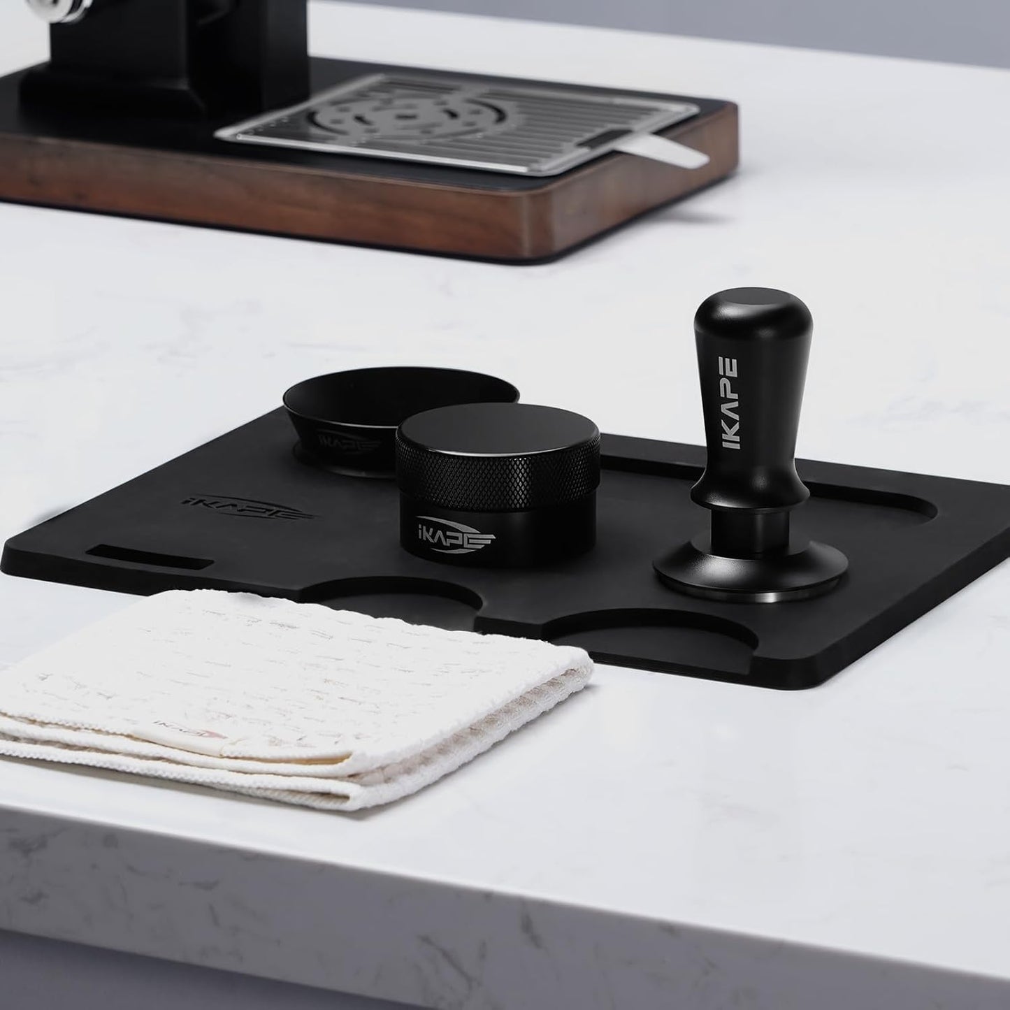 IKAPE 53.3MM Espresso Tamper Kit Black 6 IN 1, Espresso Tool Kit with Coffee Tamper, Distributor, Magnetic Dosing Funnel, Silicone Mat, Puck Screen, Cleaning Towel