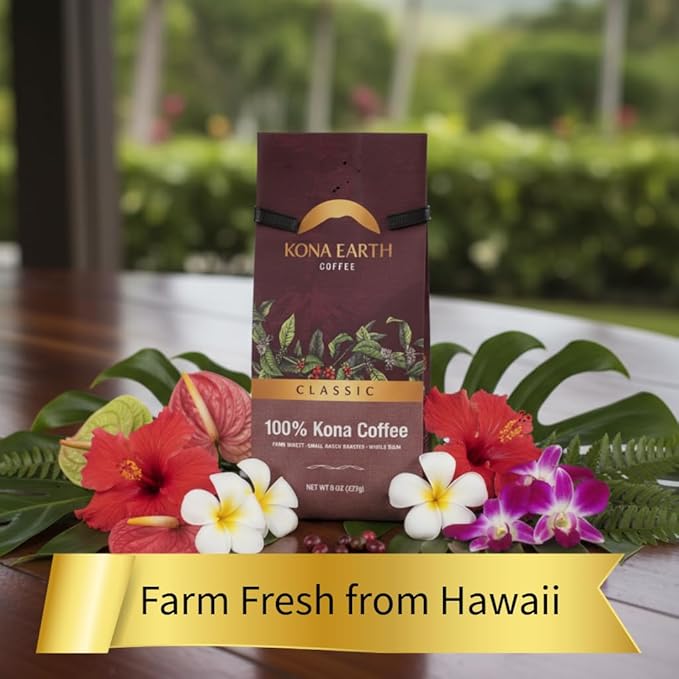 KONA EARTH - 100% Kona Coffee, Classic Medium Dark Roast, Whole Bean (8oz) Farm-Direct Authentic Hawaiian Kona Coffee beans from Hawaii’s Big Island, Small-Batch Roasted