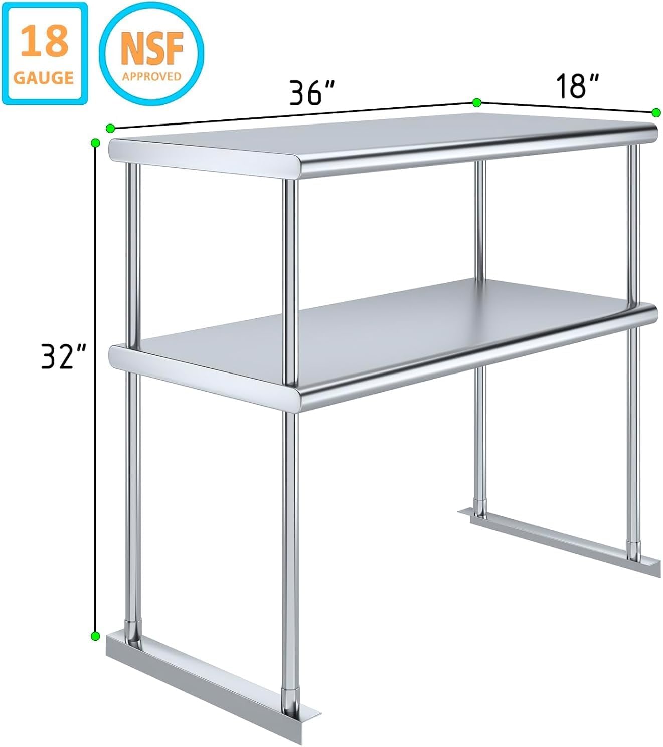 NSF Certified 18 Gauge Heavy Duty Stainless Steel Double overshelf with Brackets for Kitchens, Utility Rooms, Storage, Offices & Home