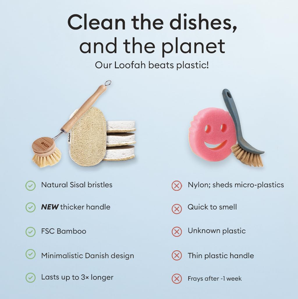 Vove Cleaning Duo, Bamboo Dish Brush Set and Natural Dish Sponges, FSC-Certified Bamboo, Sisal, Loofah, Cellulose, Plastic-Free, Eco-Friendly Zero-Waste Kitchen Dish Scrubber Set