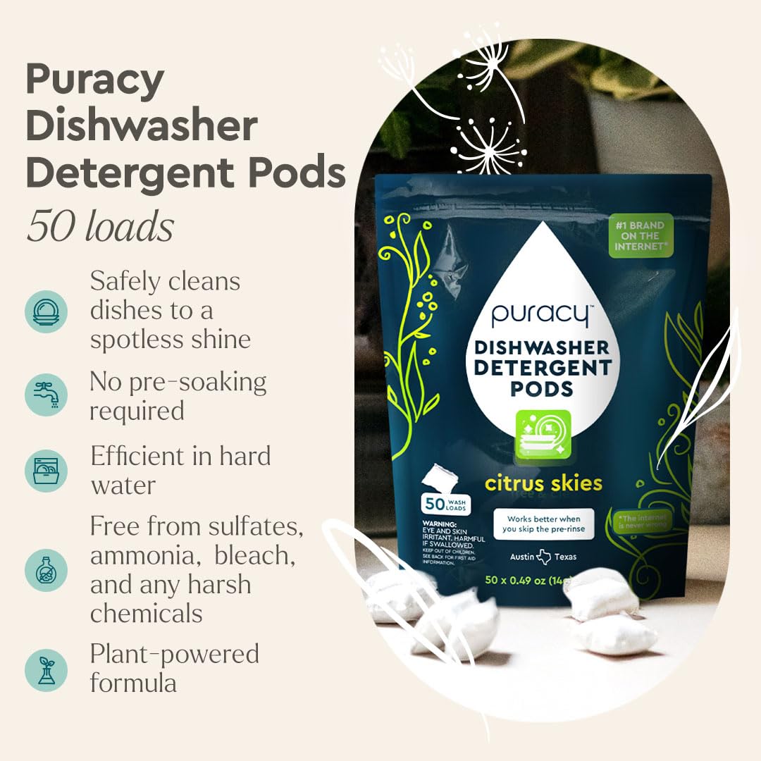 Puracy Dishwasher Pods, Natural Dishwasher Detergent, Citrus Skies Dish tabs - Enzyme-Powered, Spot & Residue Free - TikTok Trend Items, Must Haves from TikTok Made Me Buy It (Citrus Skies, 50 Count)