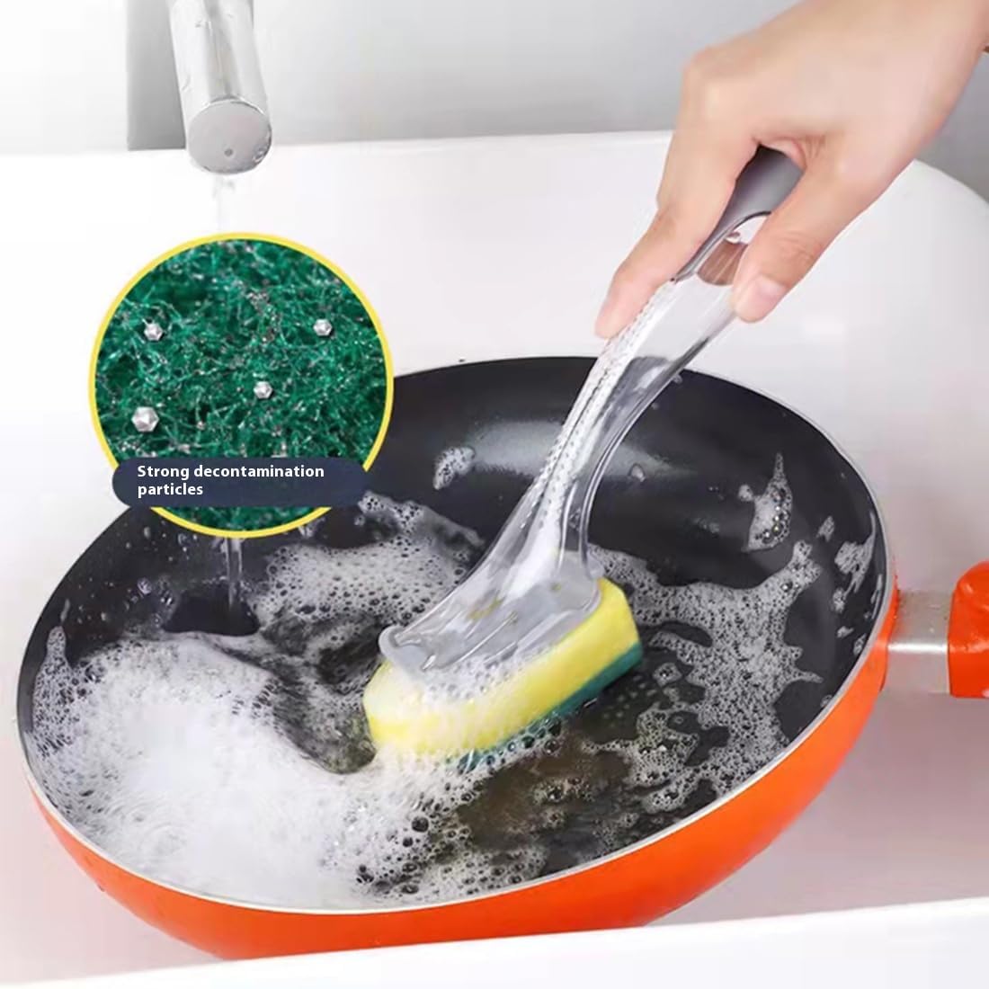 The Pot Brush with Green and Yellow Washing Pads Does not Damage The Pot Handle and can be Used to add Liquid, Brush The Bowl, and Brush The Stove