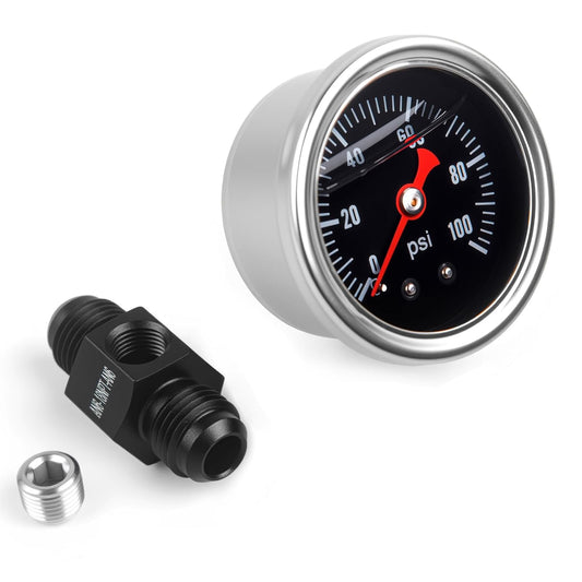 Universal 0-100psi Fuel Pressure Gauge 1/8" NPT Oil Press Gauge with 6AN Male to 6AN Male Fuel Pressure Fitting Adapter
