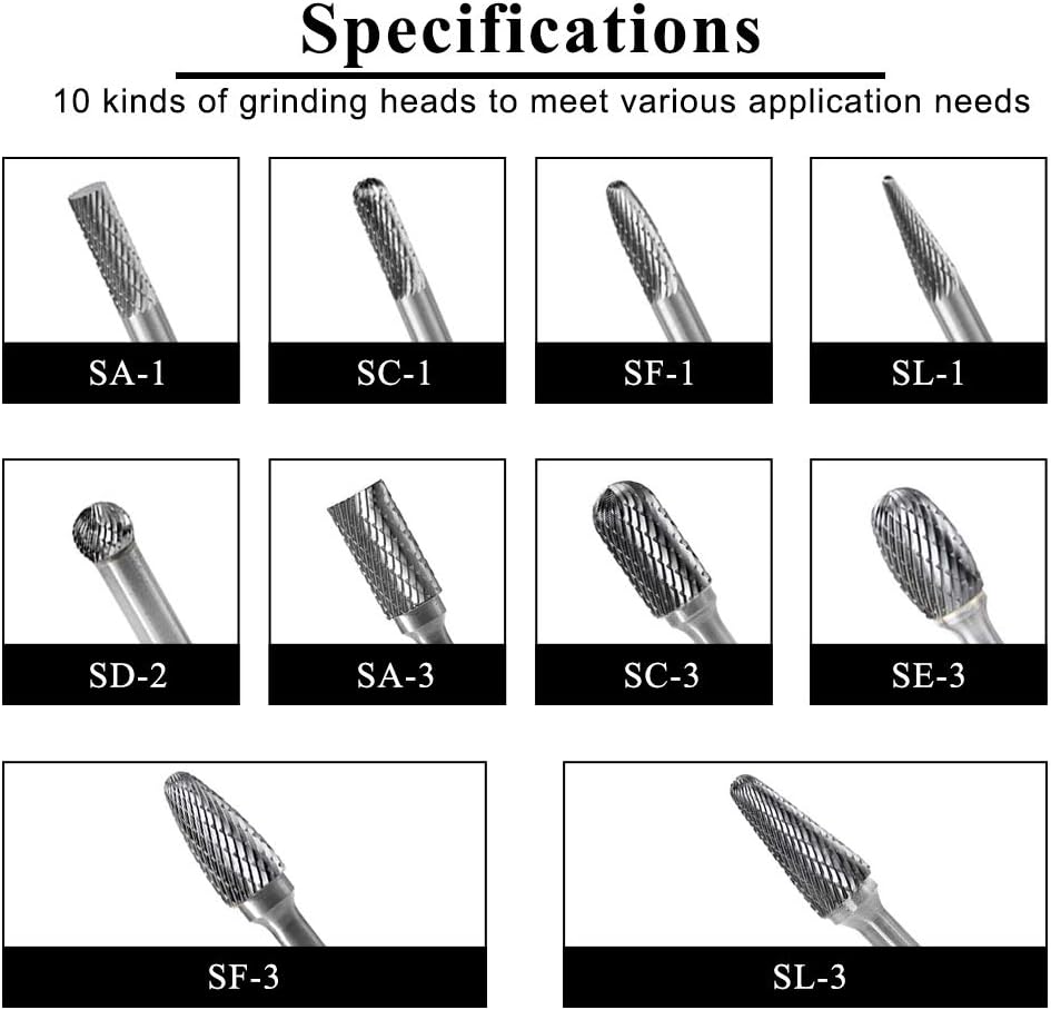 Carbide Burrs Set 10pcs Double Cut Solid Carbide Rotary Burr Set 1/4" Shank Die Grinder Bits for Steel,Metal Carving, Polishing,Engraving,Drilling