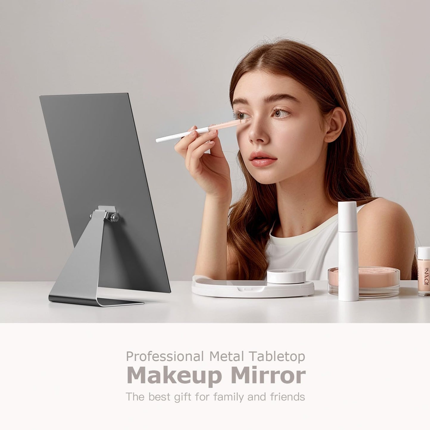 Rectangular Makeup Mirror, 12 Inch Metal Desk Mirror, Table Mirror with Stand, Vanity Mirror for Counter, Bedroom, Bathroom, Dorm