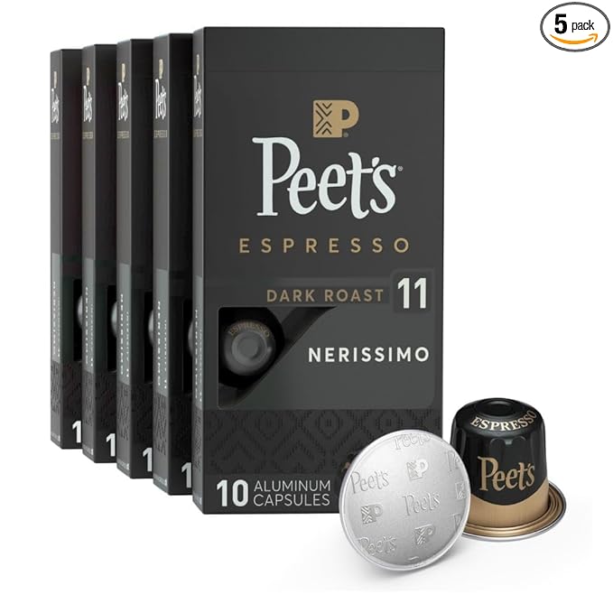 Peet's Coffee, Dark Roast Espresso Capsules, Compatible with Nespresso Original Machine - Nerissimo Intensity 11, 50 Count (5 Boxes of 10 Espresso Capsules)
