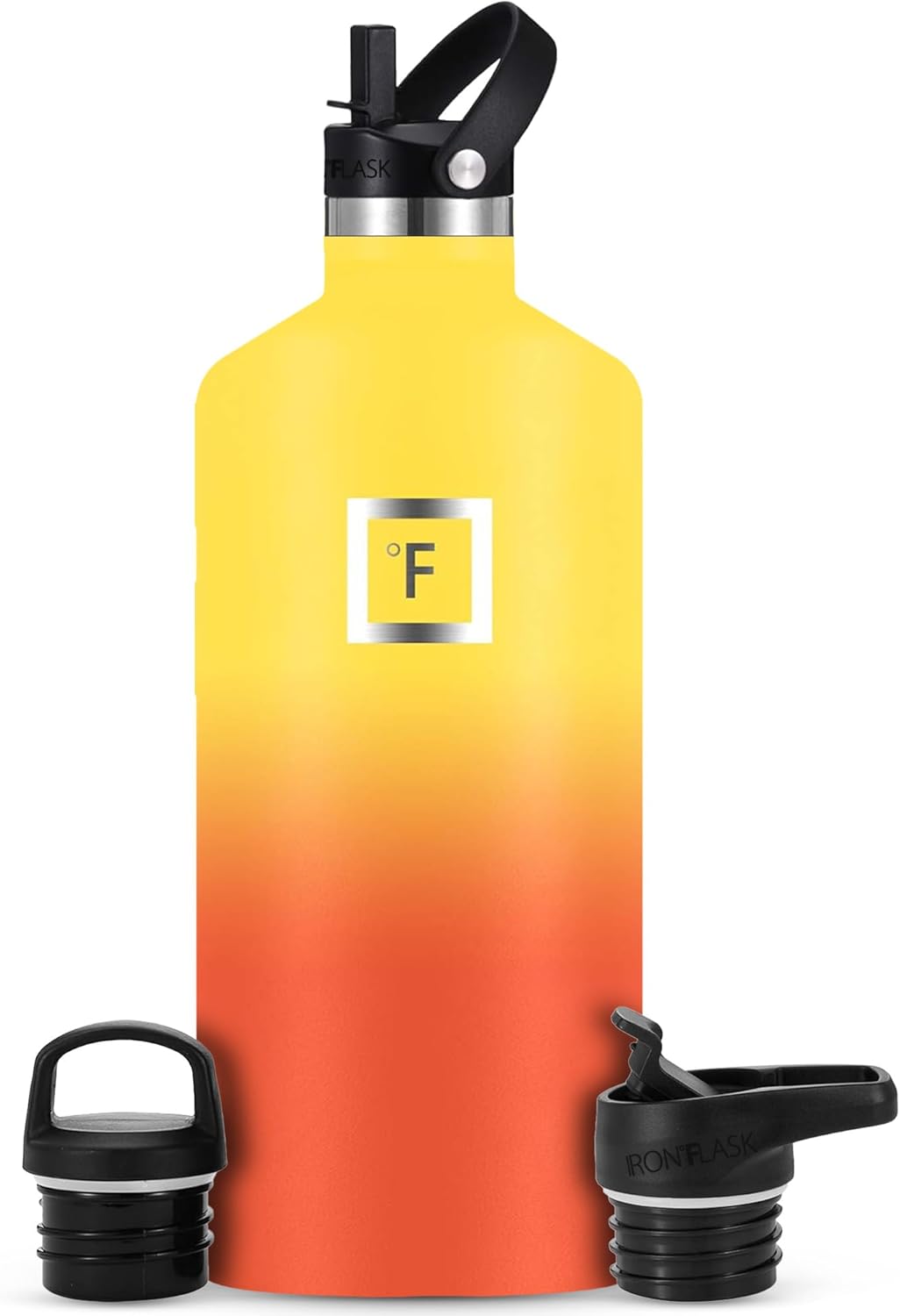 IRON °FLASK Camping & Hiking Hydration Canteens - 3 Lids (Narrow Straw Lid) Leak Proof Vacuum Insulated Stainless Steel - Hot & Cold Double Walled Sports Water Bottle - Fire, 64 Oz