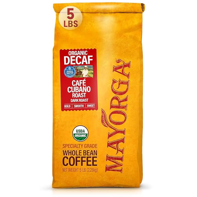 Mayorga Decaf Dark Roast 5lb Bag Cafe Swiss Water Decaffeinated Cubano Roast 100% Arabica Whole Coffee Beans - Smoothest Organic Coffee - Specialty Grade, Non-GMO, Direct Trade