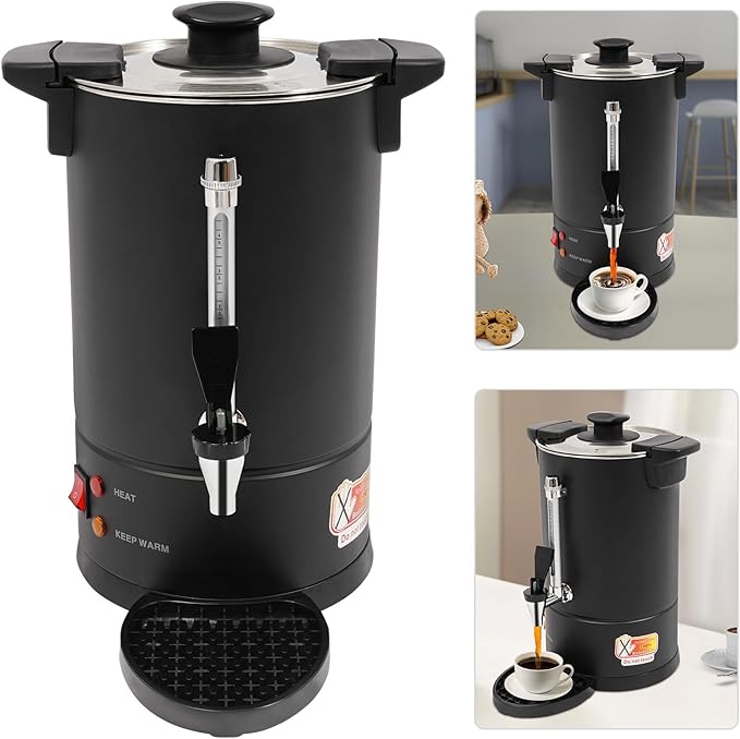 Commercial Electric Coffee Pot 950W Stainless Steel Coffee Maker Hot Water Dispenser with Drip Tray for Cafes Offices Gatherings, No Temp Control (Black, 8L)