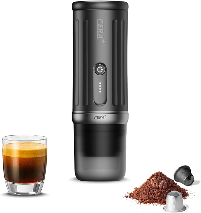 CERA+ Self-Heating Portable Espresso Machine,Up to 8 Cups per Charge & 20 Bar, 13500mAh, CERApresso Works with NS Capsules & Grounds, Electric Coffee Maker for Camping,Hiking,Office & Car/Air Travel
