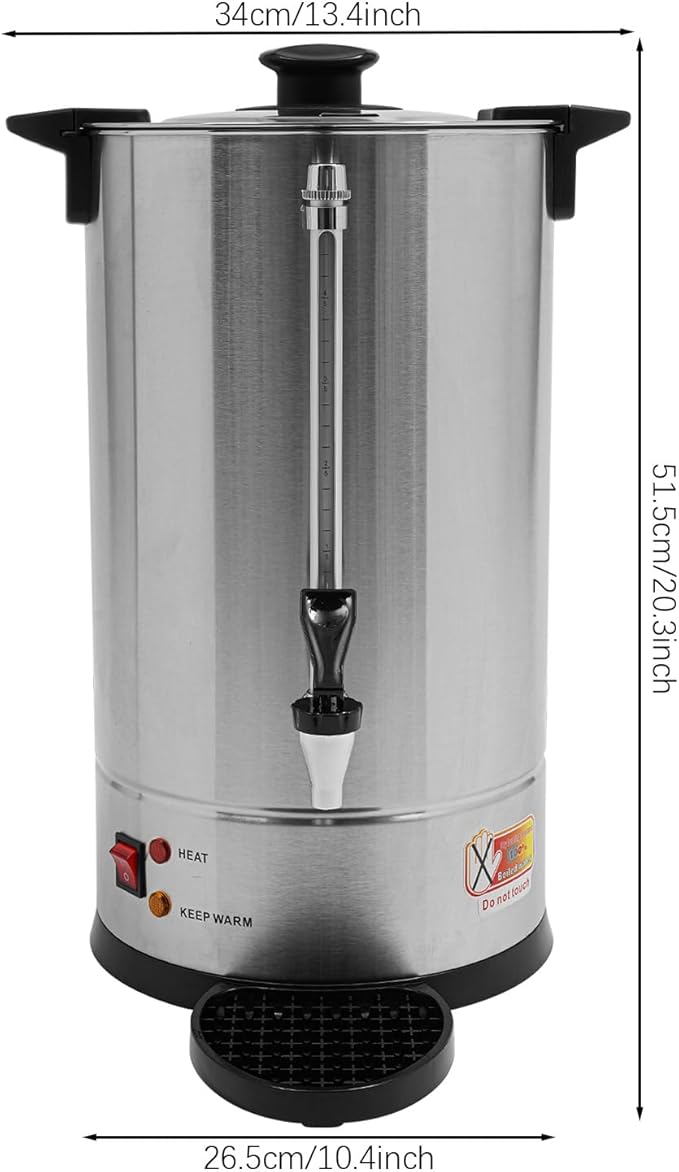 Commercial Electric Coffee Pot 1500W Stainless Steel Coffee Maker Hot Water Dispenser with Drip Tray for Cafes Offices Gatherings, No Temp Control (Silver, 15L)
