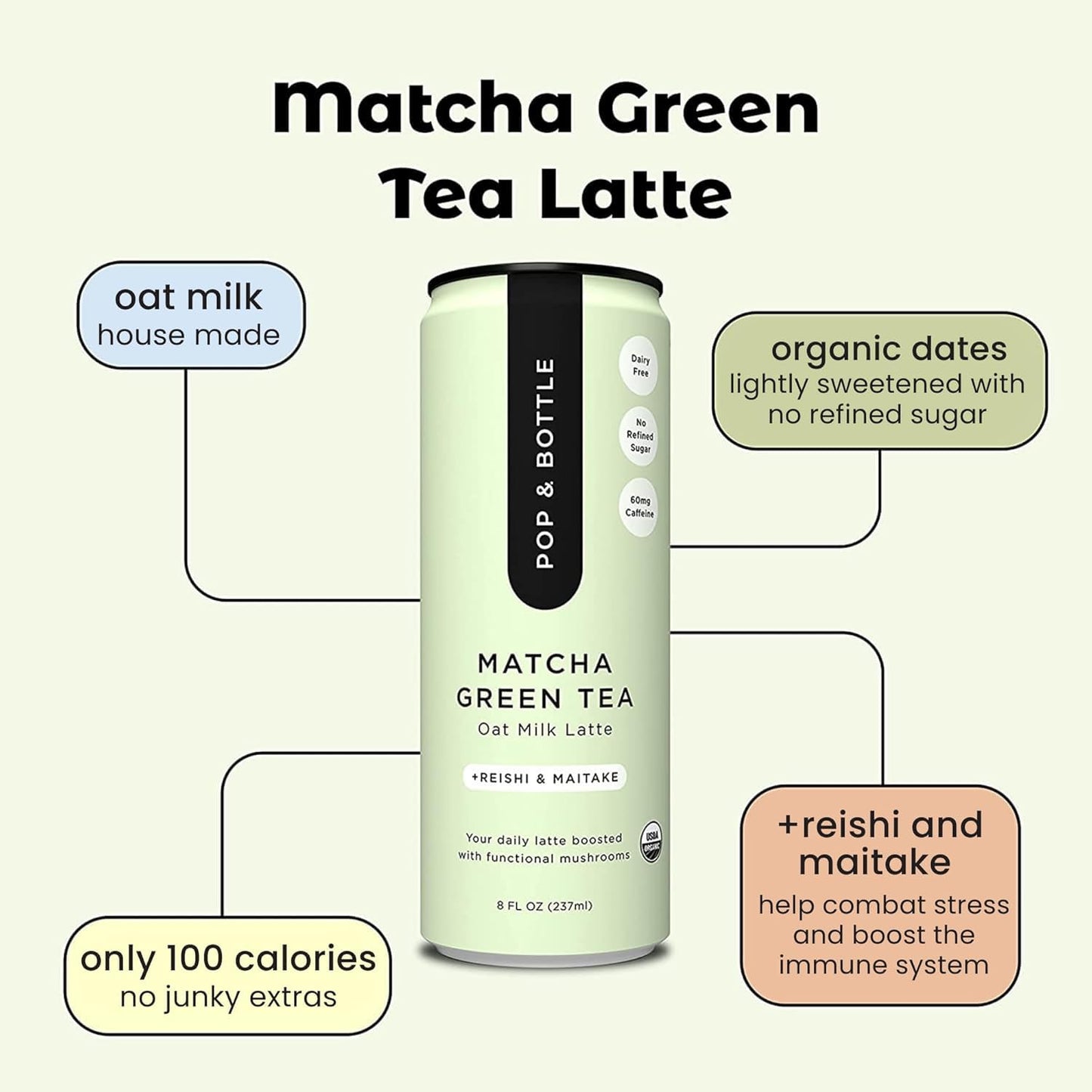 Pop & Bottle, Vanilla and Matcha Oat Milk Lattes - Reishi and Maitake Mushrooms, Green Tea, Cold Brew, Marine Collagen, MCT Oil, Organic, Dairy & Gluten Free, Vegan - 8 Fl Oz, (Pack of 12), 6 Each