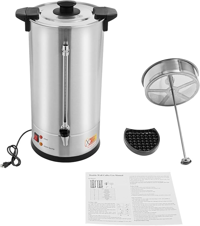 Commercial Electric Coffee Pot 1500W Stainless Steel Coffee Maker Hot Water Dispenser with Drip Tray for Cafes Offices Gatherings, No Temp Control (Silver, 25L)