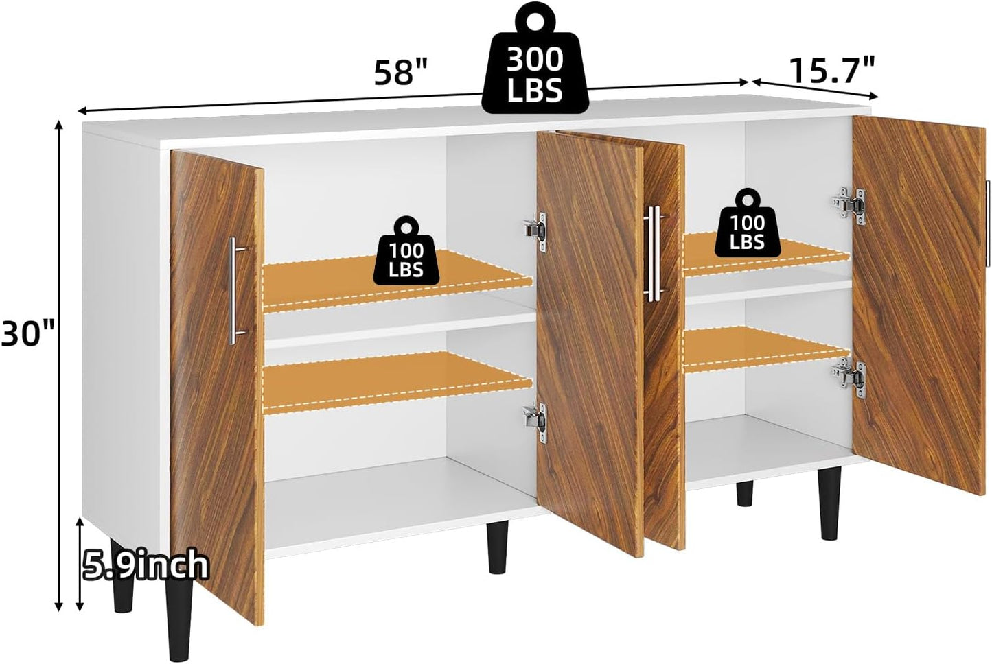 4 EVER WINNER 55" Sideboard Buffet Cabinet with Storage, Coffee Bar Cabinet with Adjustable Shelves, Kitchen Storage Cabinets with 4 Doors for Kitchen, Dining Room
