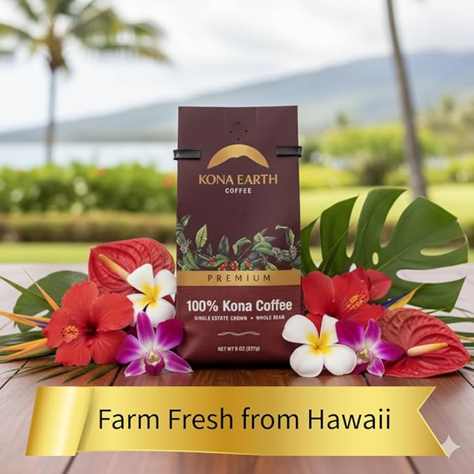 KONA EARTH 100% Kona Premium Coffee, Medium Dark Roast, Whole Bean (8oz) Farm-Direct Authentic Hawaiian Kona Coffee beans from Hawaii’s Big Island, Micro-Batch-Roasted