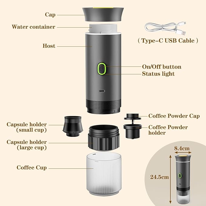 Portable Coffee Maker, Espresso Machine for camping, Travel Coffee Maker with USB-C, 3-in-1 Small Espresso Machine with Ground Coffee & Capsules (NS＆DG) for RV, Hiking, Office(Grey)