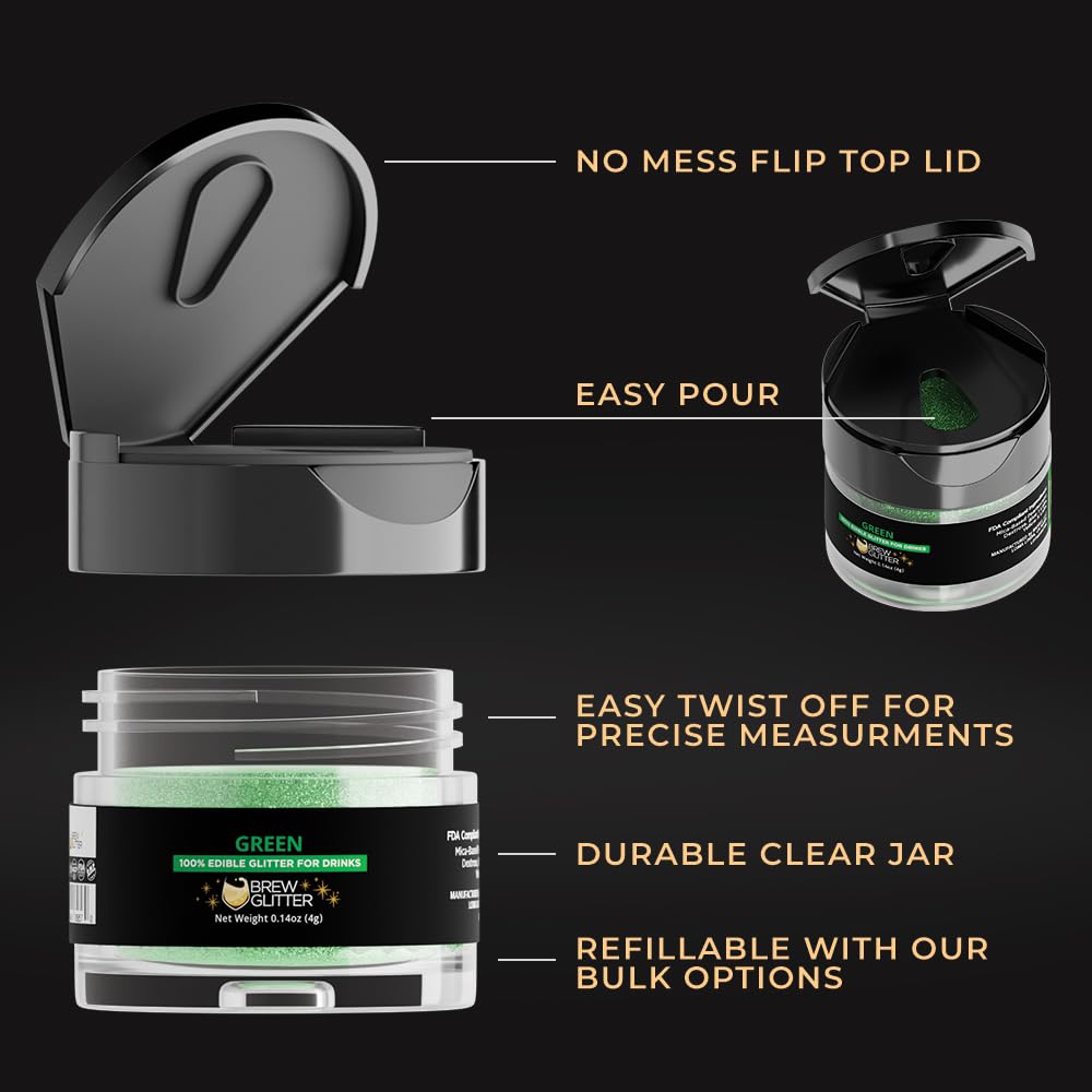 Brew Glitter Green Edible Drink Glitter 1x 4g Jar for Cocktails, Beer, & Beverages
