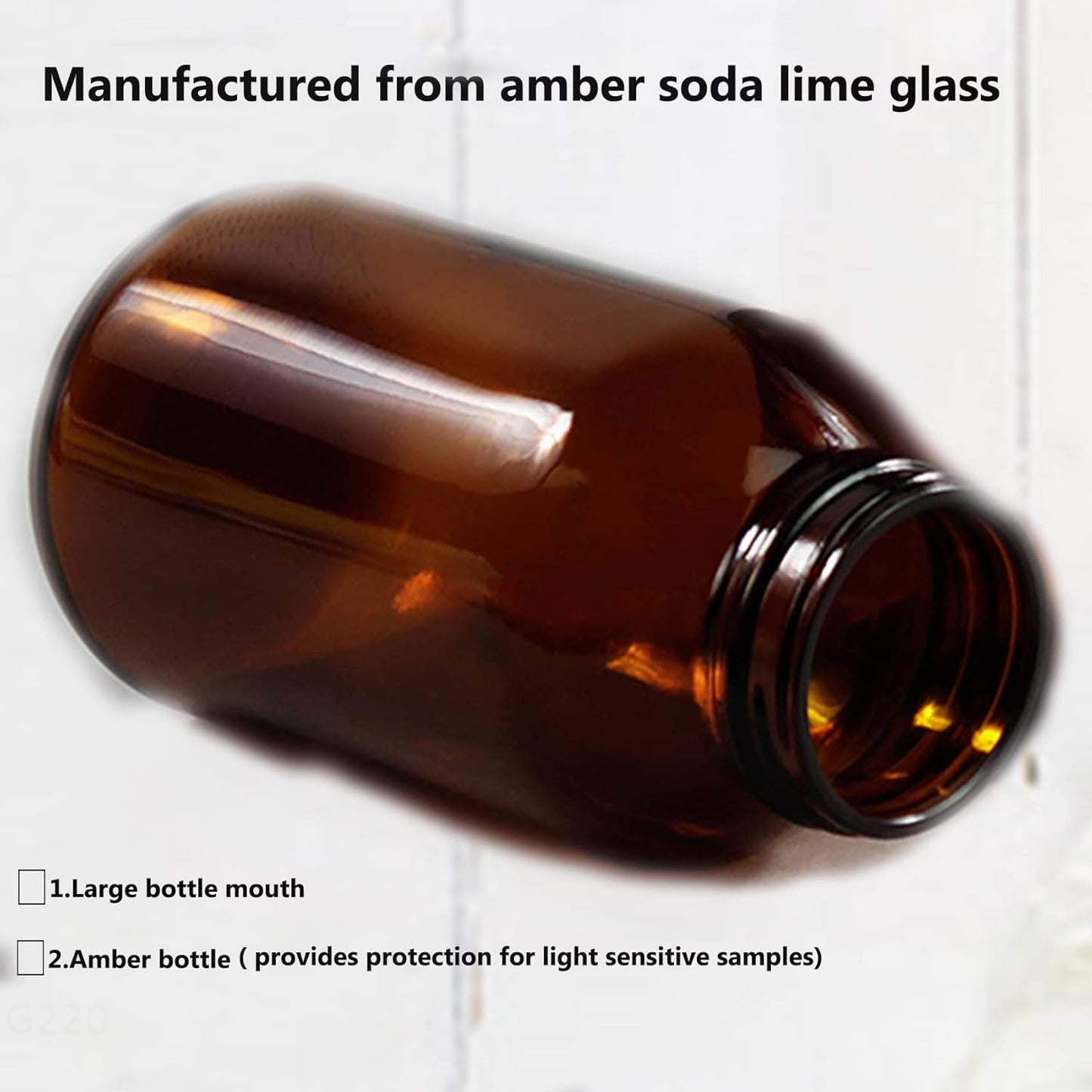 Wide Mouth Packer Bottle, Amber Glass, 250 ML (8.3 OZ) Capacity with 45-400 Black Polyethylene Screw Cap Lined PE Septa, Package of 24 Units