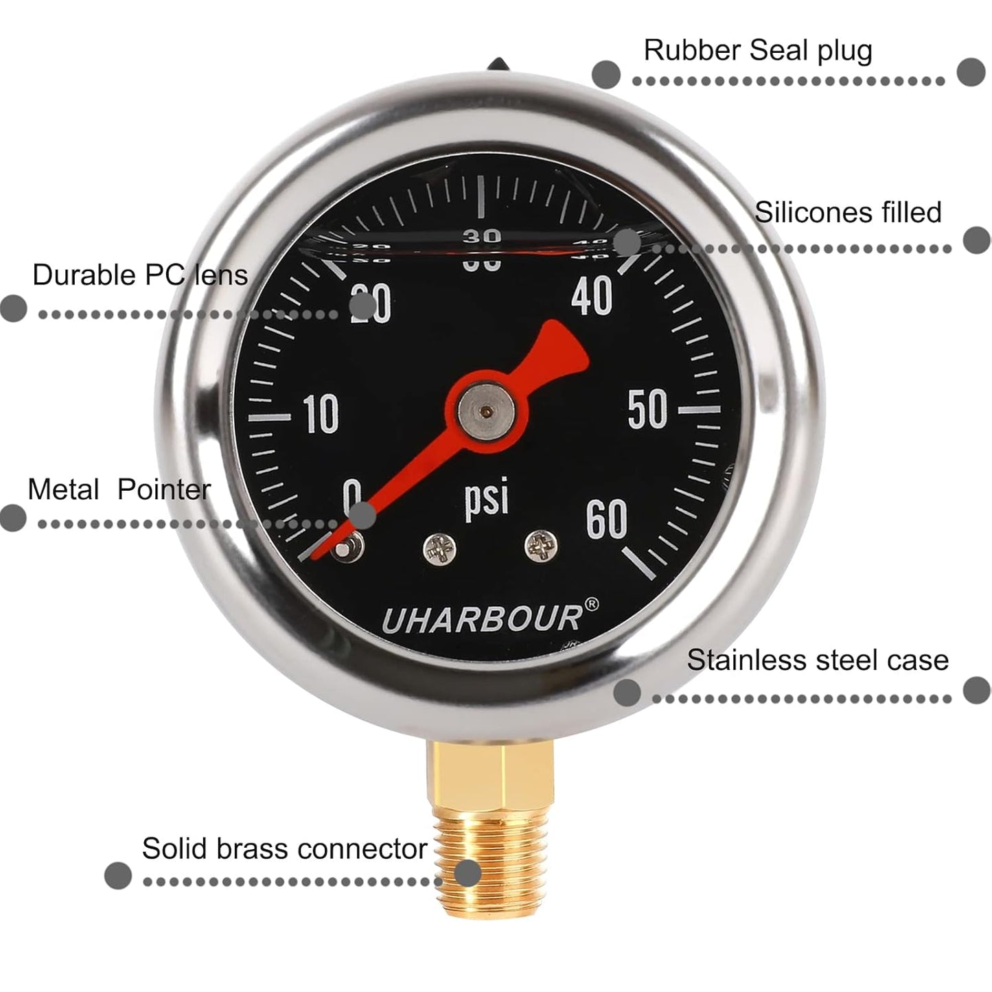 Glycerin Filled Pressure Gauge with 304 Stainless Steel Case, 1-1/2" Black Dial, 0-60Psi, High Accuracy, 1/8" NPT Center Bottom Mount……