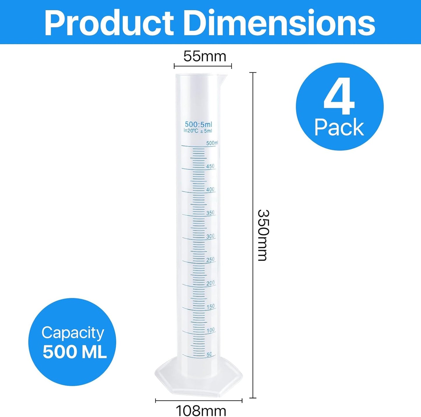 4 Packs 500ml Plastic Graduated Cylinder,Transparent Measuring Cylinder Set with Pour Spout, 2-Sided Making Plastic Lab Test Tube for Science Projects, Laboratory Supplies