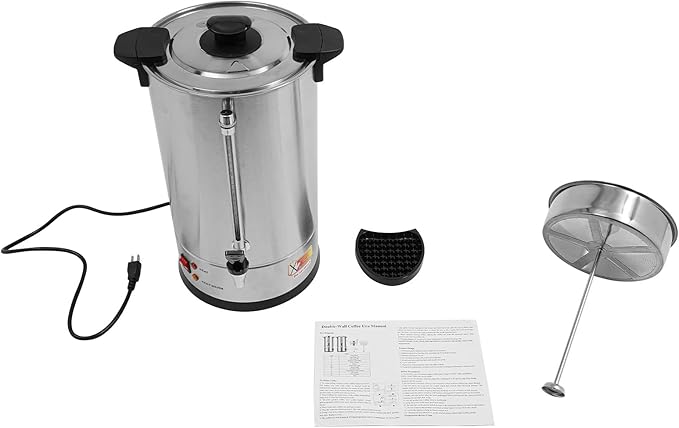 Commercial Electric Coffee Pot 1500W Stainless Steel Coffee Maker Hot Water Dispenser with Drip Tray for Cafes Offices Gatherings, No Temp Control (Silver, 15L)