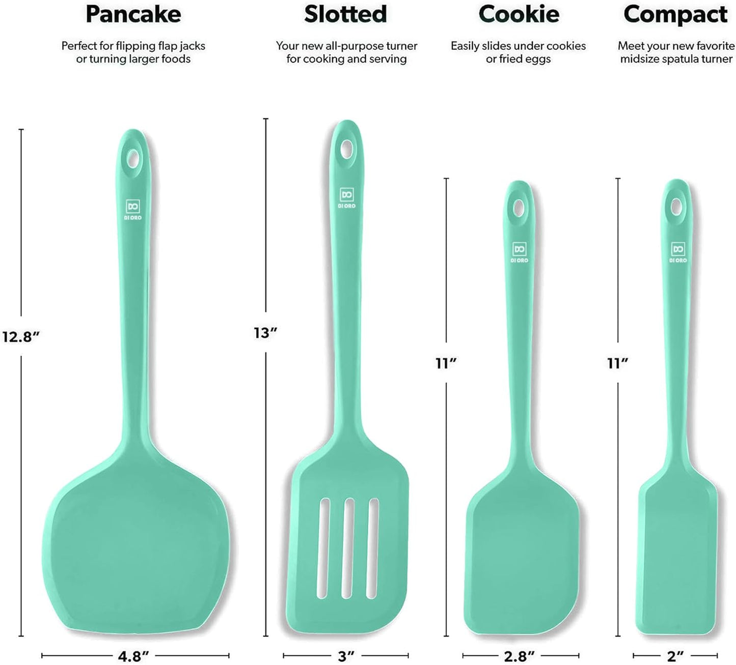 New DI ORO Silicone Turner Spatula Set - Kitchen Spatulas for Nonstick Cookware - Cooking Utensils for Flipping Eggs & Pancakes - 600°F Heat-Resistant BPA Free Turners - Dishwasher Safe (4pc, Mint)