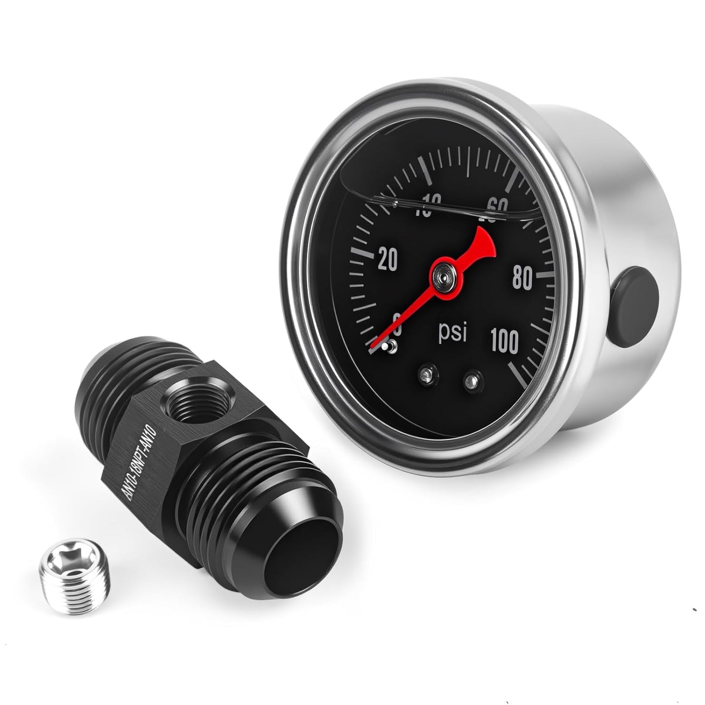 Universal 0-100psi Fuel Pressure Gauge 1/8" NPT Oil Press Gauge with 10AN Male to 10AN Male Fuel Pressure Fitting Adapter