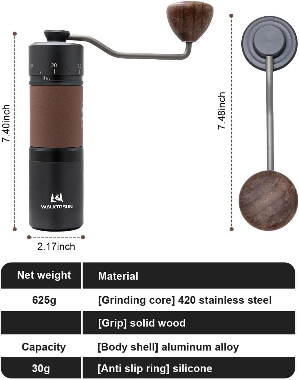 Manual coffee grinder, portable stainless steel cone grinder with solid wood knob, adjustable handle, suitable for home office travel, camping or hiking, black