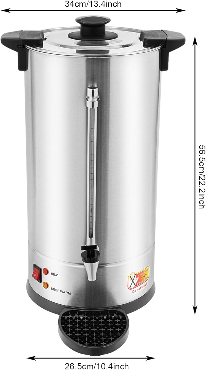 Commercial Electric Coffee Pot 1500W Stainless Steel Coffee Maker Hot Water Dispenser with Drip Tray for Cafes Offices Gatherings, No Temp Control (Silver, 25L)