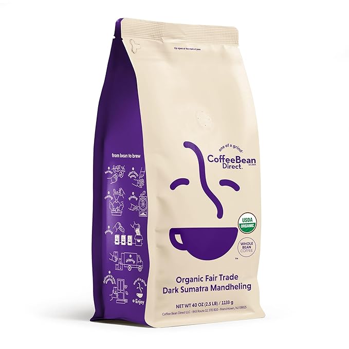 Coffee Bean Direct Organic Fair Trade Dark Sumatra Mandheling, Whole Bean Coffee, Dark Roast, 2.5 Pound Bag (Pack of 1)