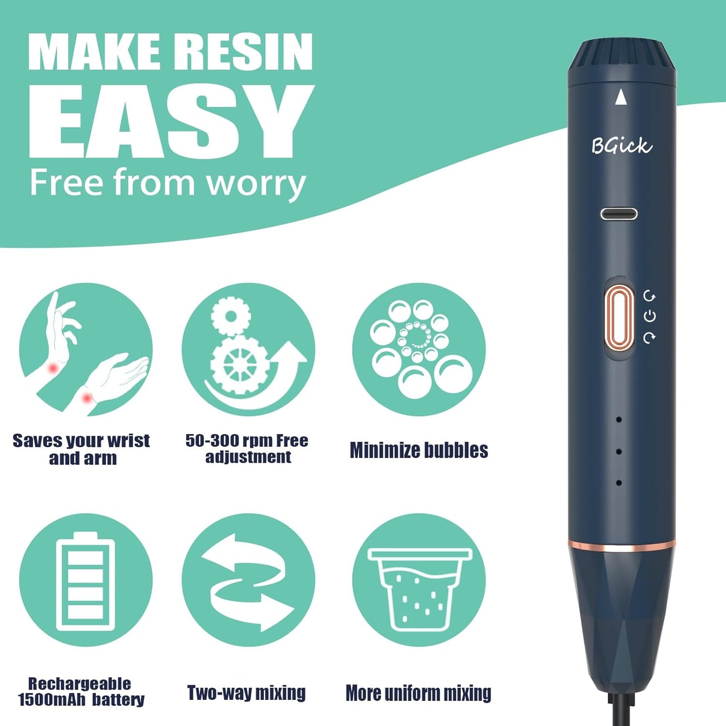 Upgraded Resin Mixer, Handheld Rechargeable Mixer with Minimizing Bubbles,Epoxy Resin Mixer for Resin, Silicone Mixing, Resin Molds, DIY Crafts (Included 4 pcs Paddles) (Blue)