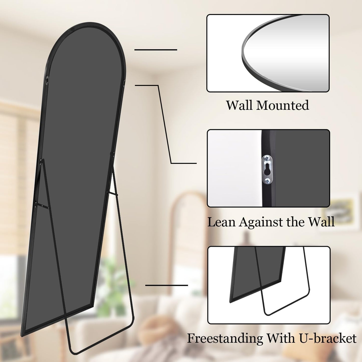 VooBang Arch Mirror Full Length, 26" x 71" Floor Mirror with Stand, Aluminum Alloy Frame Full Body Mirror, Standing Hanging or Leaning Against Wall for Bedroom and Living Room, Black