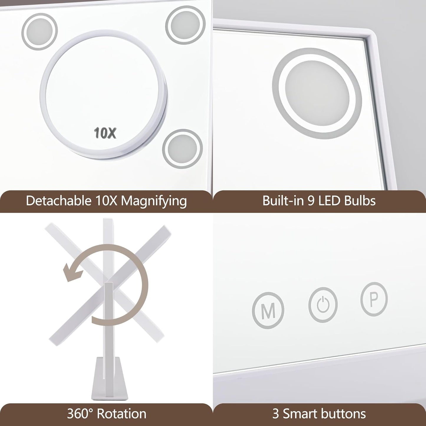 Lighted Makeup Mirror, 14"x 12" Hollywood Vanity Mirror with 9 LED Bulbs, 3 Color Lights, and Detachable 10X Magnification Mirror, 1200mAh Rechargeable, Touch Control, 360°Rotation (White)
