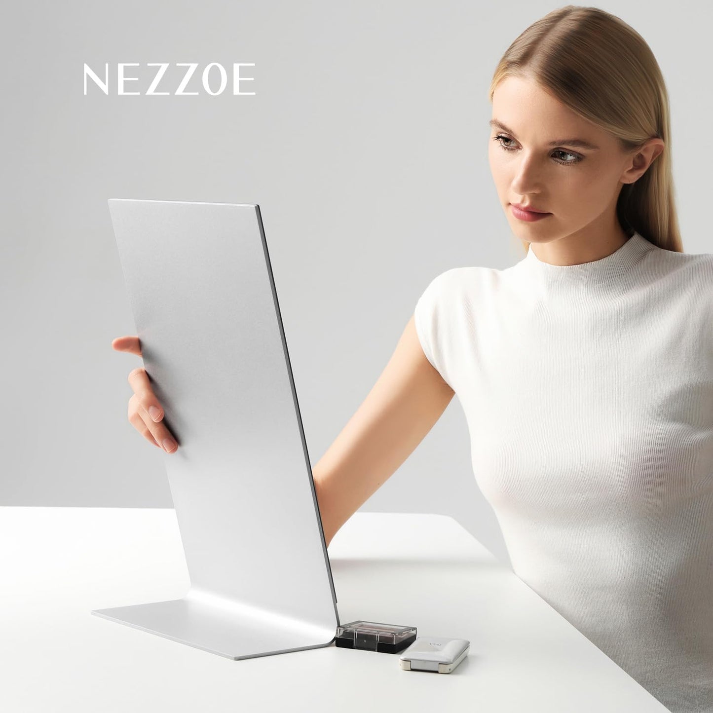 Frameless Makeup Mirror for Desk, 15 Inch Aluminum Standing Table Mirror, Large Counter Top Mirror