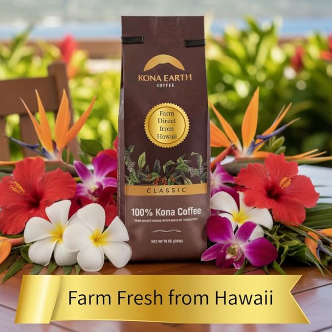 KONA EARTH - 100% Kona Coffee, Classic Medium Dark Roast, Whole Bean, 1 lb (16oz) Farm-Direct Authentic Hawaiian Kona Coffee beans from Hawaii’s Big Island, Small-Batch Roasted