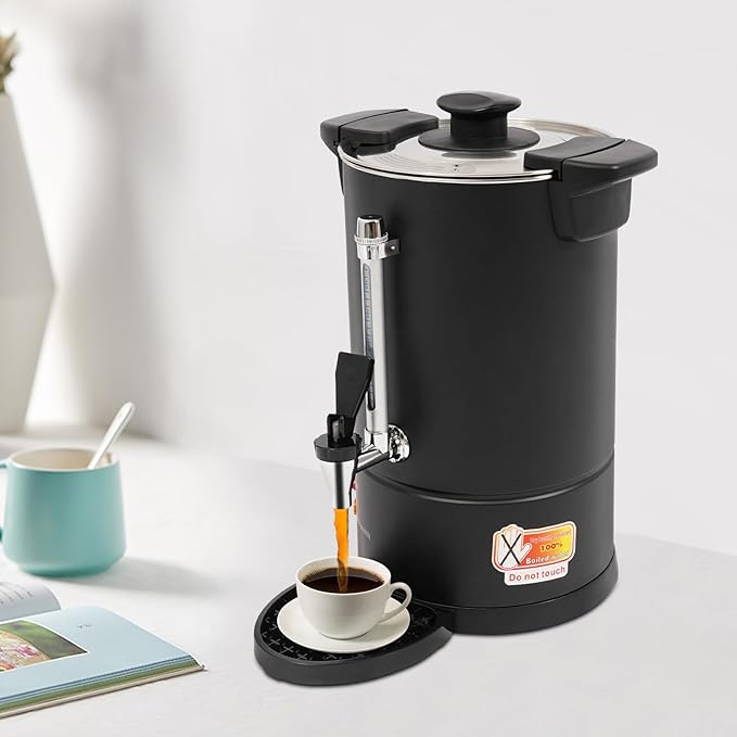 Commercial Electric Coffee Pot 950W Stainless Steel Coffee Maker Hot Water Dispenser with Drip Tray for Cafes Offices Gatherings, No Temp Control (Black, 8L)