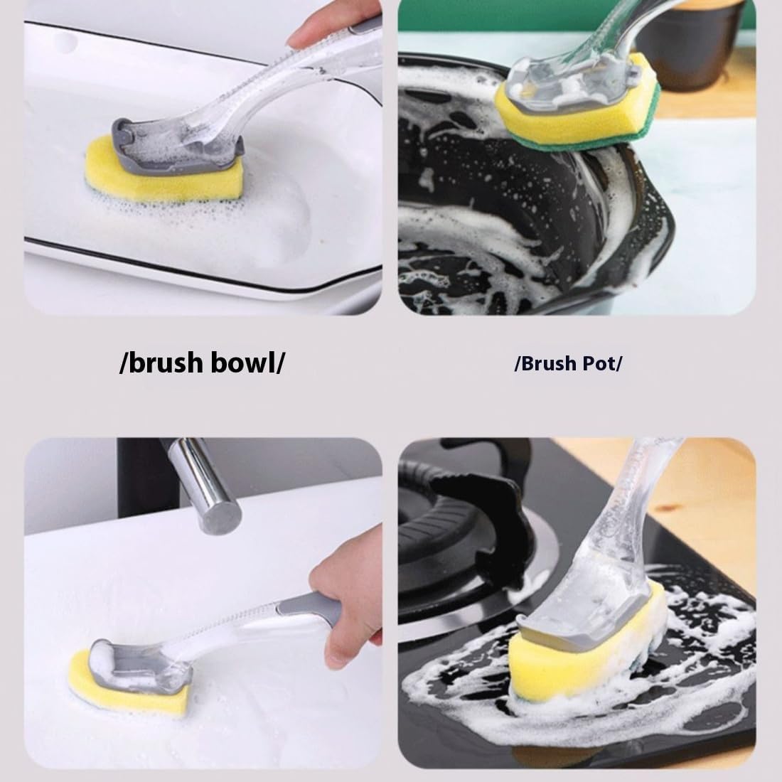 The Pot Brush with Green and Yellow Washing Pads Does not Damage The Pot Handle and can be Used to add Liquid, Brush The Bowl, and Brush The Stove